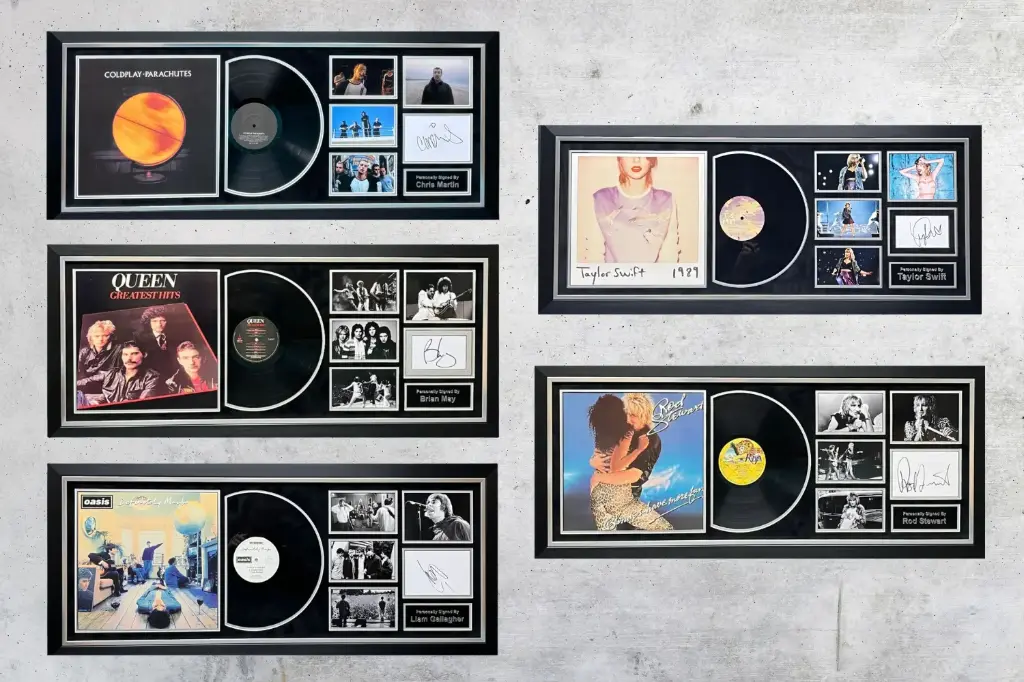 Your choice of Signed Album Display: Taylor Swift, Coldplay, Queen, Oasis or Sir Rod Stewart